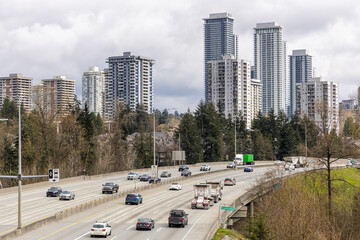 Urban Highway with Skyscrapers and Natural Surroundings in Vancouver, BC, Canada
