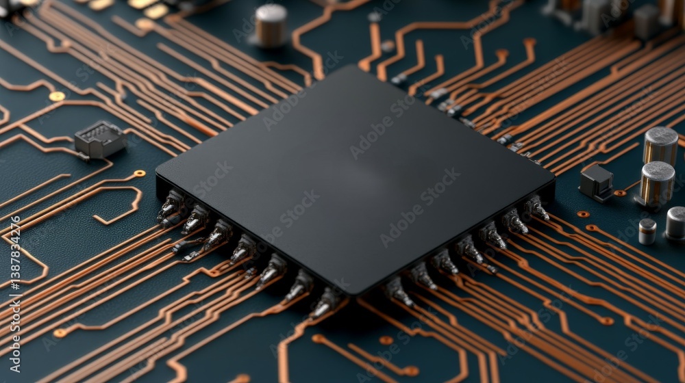 Poster close up view of microchip on circuit board with gold connections