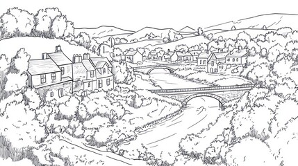 Fototapeta premium Sketchy Countryside Village Scene