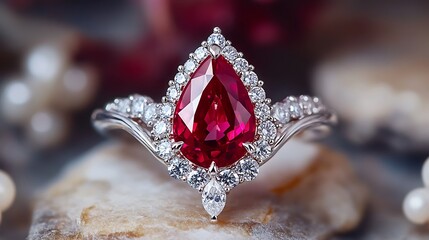 Close up of a pear shaped ruby ring with diamond accents on a marble surface with pearl accents