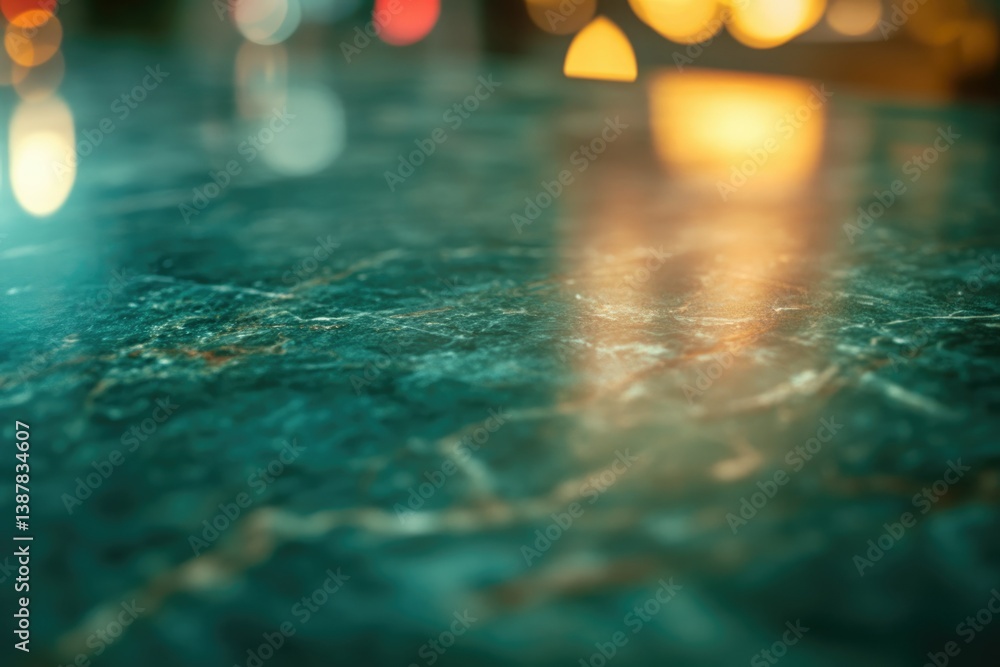 Poster teal marble surface with blurry bokeh lights in the background, creating a moody atmosphere.