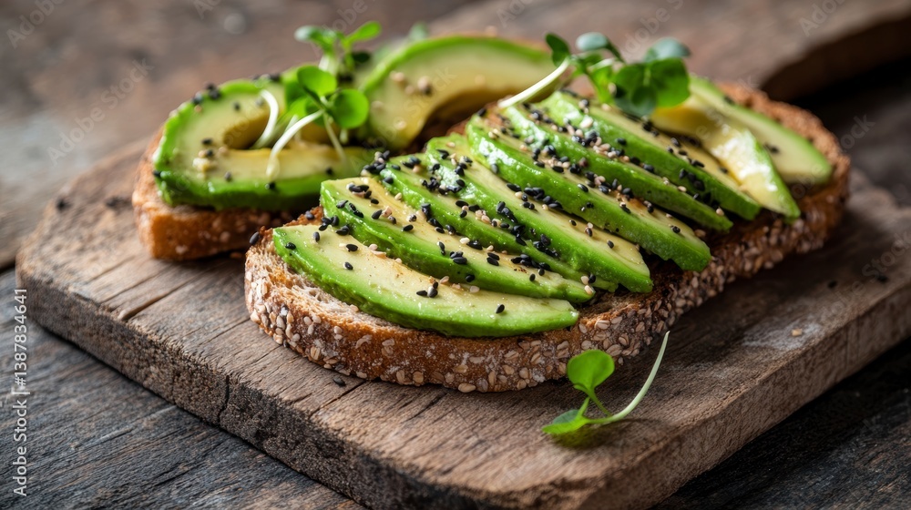 Poster two slices of whole-wheat toast topped with avocado, sesame seeds, and microgreens, served on a rust