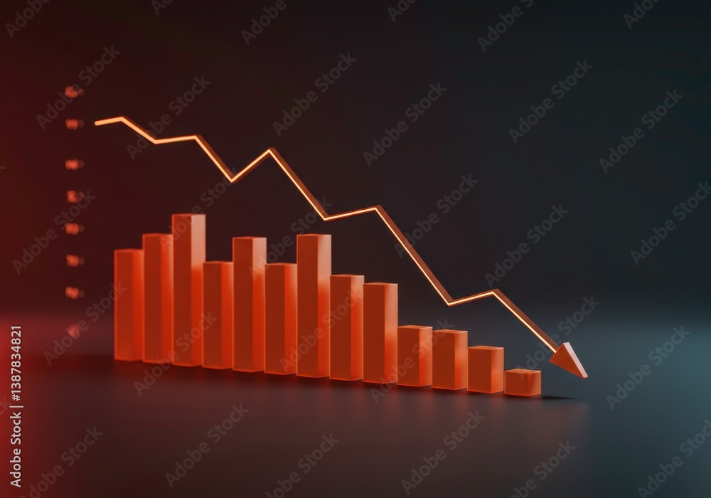 Poster financial chart with falling line graph for stock market analysis, visualization of trade data in di