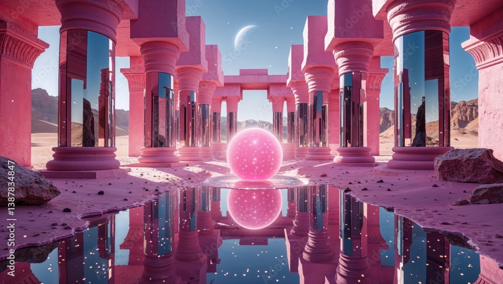 Poster surreal landscape featuring pink architectural structures with mirrored columns and a glowing orb in