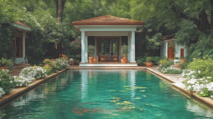 Tranquil garden oasis with pool and gazebo. Lush greenery surrounds a serene swimming pool, bordered by colorful flowers and a charming gazebo