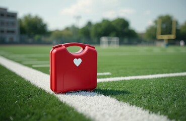Red defibrillator case with heart logo stands on football field sideline. First aid, emergency equipment on green grass. Sport health. Protecting athletes, quick rescue.