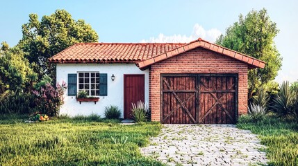 Fototapeta premium Charming rustic house with a red-tiled roof and wooden garage doors