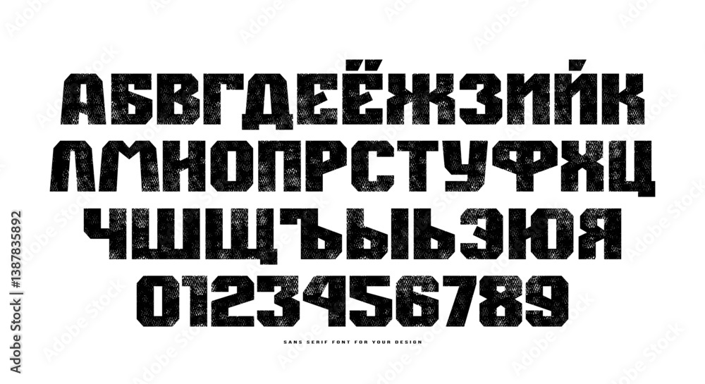 Fototapete bold face cyrillic sans serif font in the sport style. letters and numbers with rough texture for lo