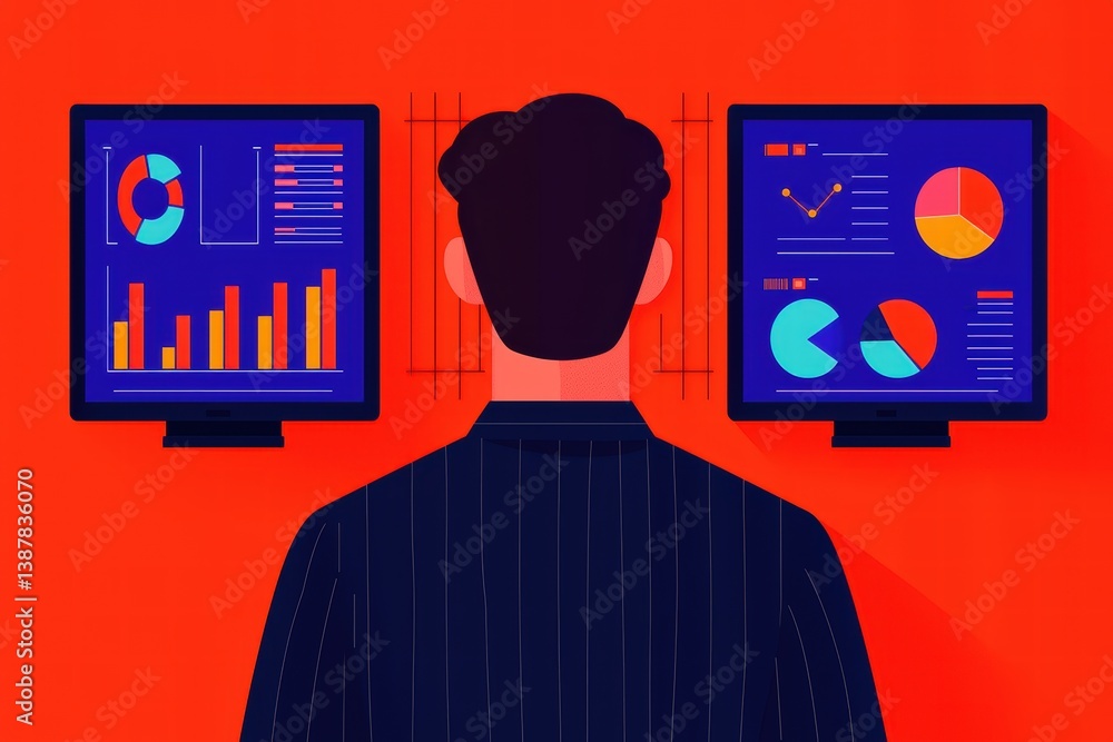 Poster a person analyzes data displayed on dual monitors, featuring colorful charts and graphs against a vi
