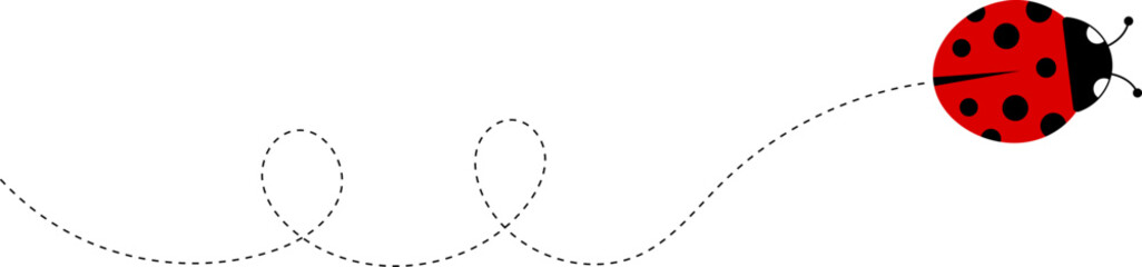 Cute ladybug cartoon icon. ladybug characters collection. Cute Ladybird with dotted path. Ladybugs flying on dotted route. Insects group. Vector illustration isolated on white.