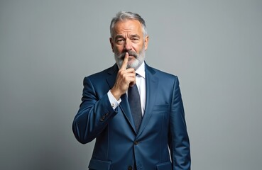 Secret elderly grey-haired businessman in a blue suit and tie makes hush gesture with finger on lips. Isolated grey background. Career wealth and business concept.
