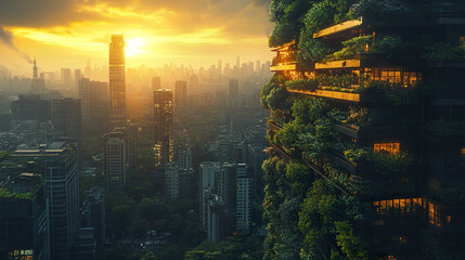 Obraz premium modern building with lush vertical gardens and solar panels