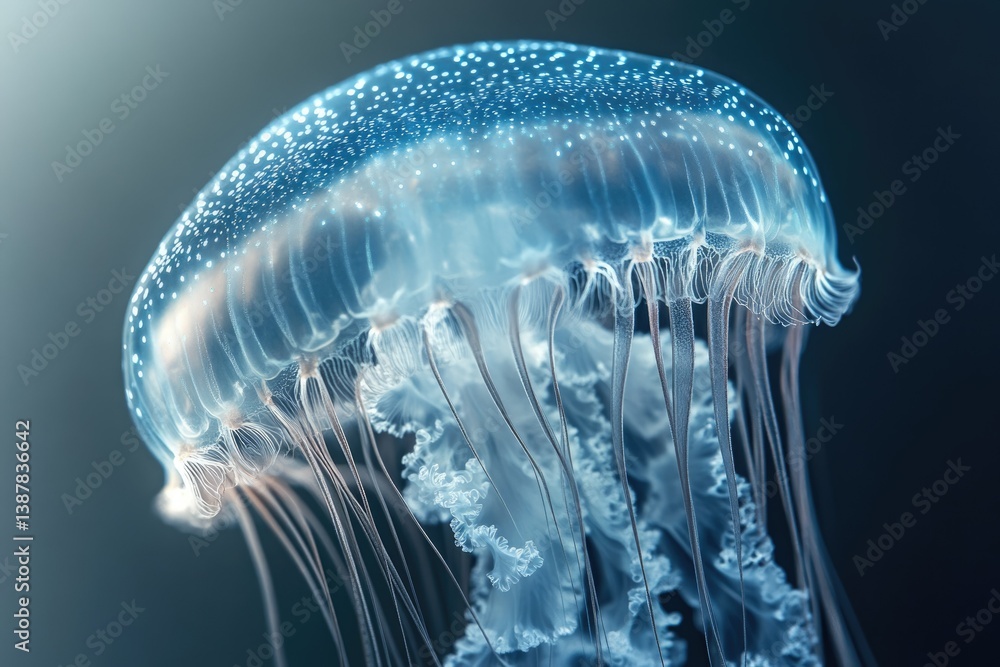 Poster a mesmerizing translucent jellyfish with delicate tentacles, illuminated by an ethereal glow.