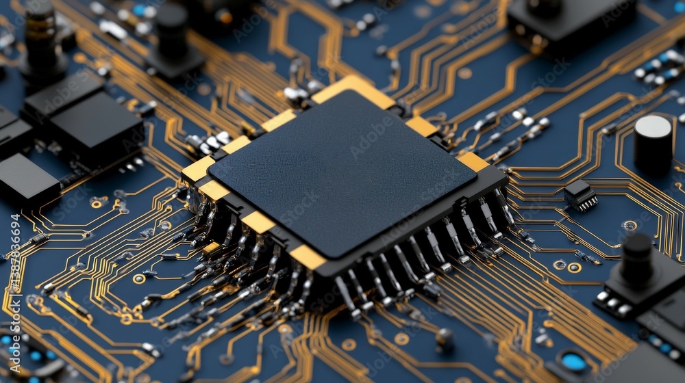 Poster detailed close-up of a microchip on a circuit board with traces