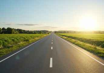 Obraz premium Endless asphalt highway stretches to sun on horizon over green fields. Concept travel background for journey, road trip to future, for ai visualization or poster