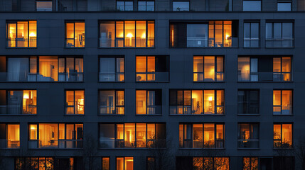 Illuminated city apartment block at dusk with warm glowing windows