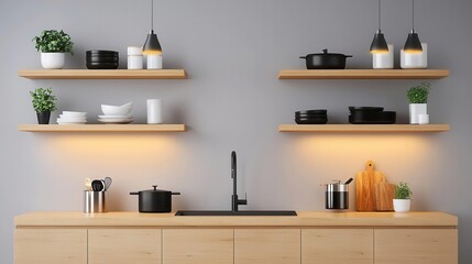 Compact kitchen with light oak cabinets, floating shelves displaying modern kitchenware, and warm undercabinet lighting
