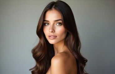 Fototapeta premium Attractive young woman with long shiny healthy brown hair. Keratin treatment spa services for hair care. Smooth hairstyle for beauty. Beautiful makeup, clean skin, looking at camera with charming