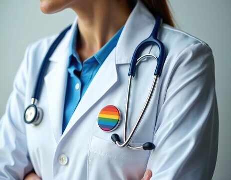 Doctor in white coat with LGBT pride symbol badge supporting LGBTQ rights. Healthcare pro with stethoscope ready to provide medical care for diverse communities. Equality, inclusion in healthcare. - Powered by Adobe