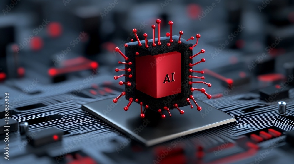 Poster futuristic ai chip with red accents on a circuit board background