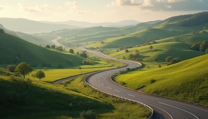 Fototapeta premium Winding road through rolling green hills. Asphalt highway curves, open road leads through idyllic rural landscape. Scenic journey, nature, travel, freedom, summer adventure.