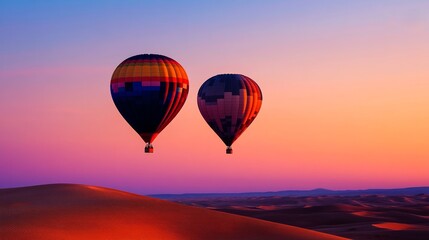 Fototapeta premium Two vibrant hot air balloons soaring over a serene desert landscape at sunset