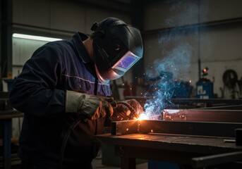 Fototapeta premium Man working on metal construction with welding machine, creating sparks and smoke for industrial production promotion or for heavy metal industry presentation
