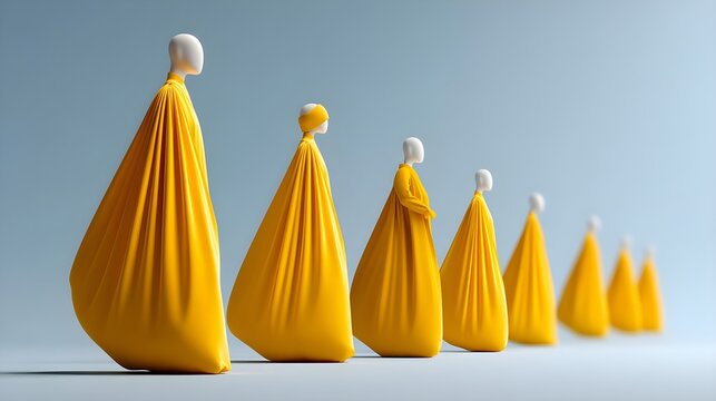 Abstract yellow figures in flowing garments on a minimalist background
