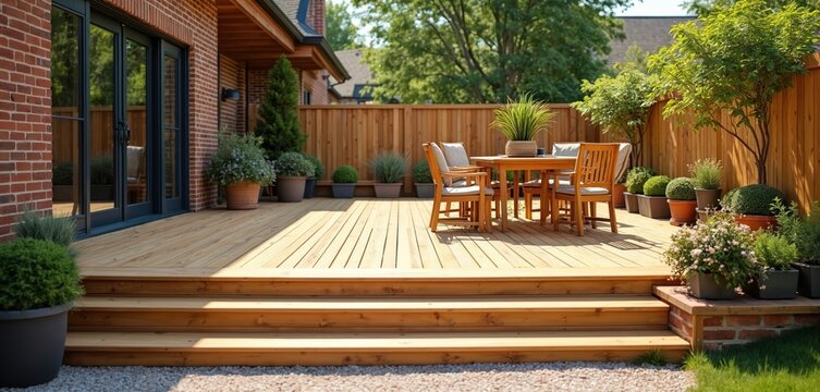 Fototapeta New wooden deck with patio furniture in backyard. Outdoor space with table chairs for relax. Summer day light. Luxury design for house garden renovation. Residential property lifestyle.