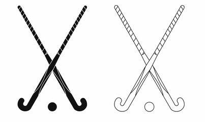 Crossed field hockey sticks icon with ball in black and outline style. Simple vector design perfect for sports logo, team emblem, or athletic-themed graphics.