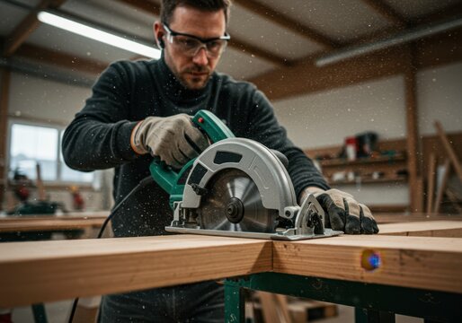 Man working with circular saw in carpentry workshop using safety glasses, cutting wood on workbench for furniture construction or repair, woodworking industry
