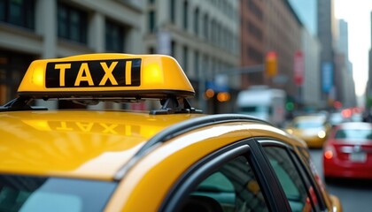 Fototapeta premium Bright yellow taxi cab drives bustling city street during daytime. Urban transportation fast-paced metropolitan life, commuting, travel, business, service. Car, vehicle in rush traffic.