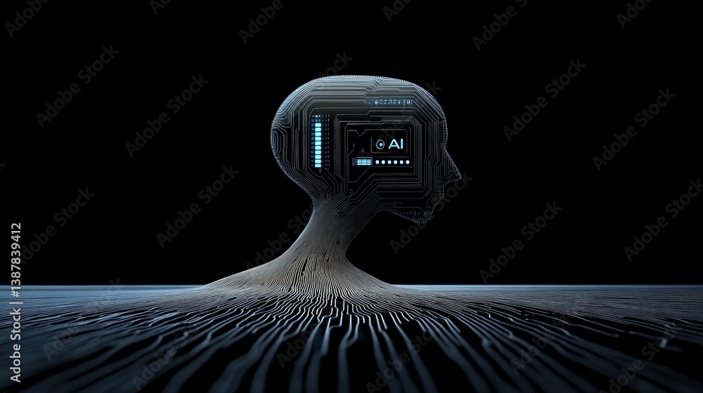 Poster abstract ai head with circuit design and digital lines on black background
