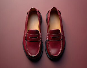 Pair of elegant burgundy kid loafers shoes isolated on solid background. Classic leather penny loafers footwear. Formal style for school celebrations parties. Fashionable kids accessories.