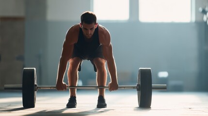 Strength and Determination: A muscular athlete deadlifts a heavy barbell in a dimly lit gym. The image captures the raw power, focus, and determination required to conquer physical challenges.