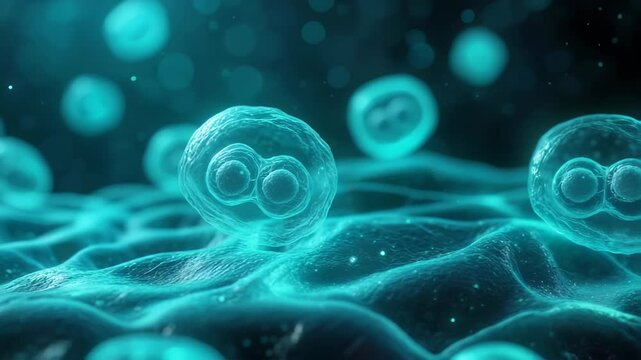 A detailed microscopic visualization of cell division, showcasing the intricate process of stem cell mitosis in a glowing blue environment, symbolizing life and science