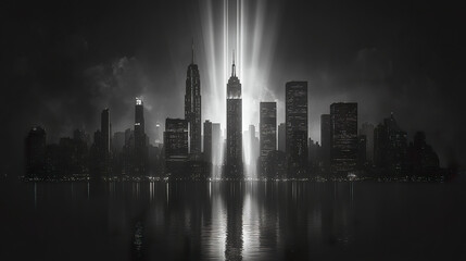 Obraz premium Dramatic noir city silhouette with radiant beams behind skyline