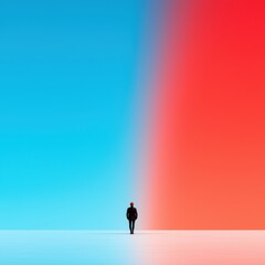 Fototapeta premium A solitary figure stands at the edge of a vibrant gradient, blending blue and red, evoking a sense of contemplation and balance.