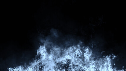 Texture of burn blue fire with particles embers. Flames on isolated black background. Texture overlays for banner,flyer,card .