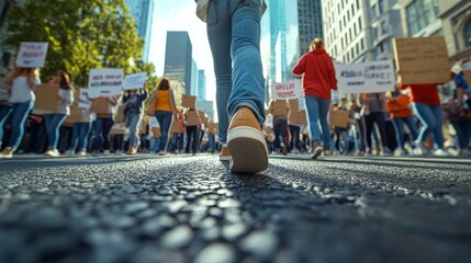 Footsteps echo as a diverse group rallies for justice and change in a vibrant urban setting under clear skies