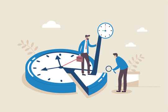 Time or attendance tracking system, analyze work efficiency in project management, productivity, workflow or effort, time spending to finish task concept, businessman cut clock in piece to analyze.