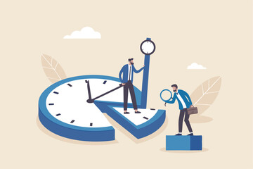 Time or attendance tracking system, analyze work efficiency in project management, productivity, workflow or effort, time spending to finish task concept, businessman cut clock in piece to analyze.