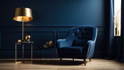 A stylish room with a dark blue velvet armchair featuring a cushion