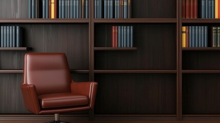 An elegant office library with dark wooden bookshelves, leather chairs, and warm lighting for a luxurious atmosphere