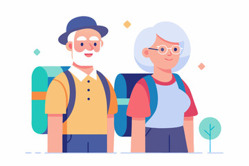 Elderly couple traveling with backpacks. Flat vector illustration on white background