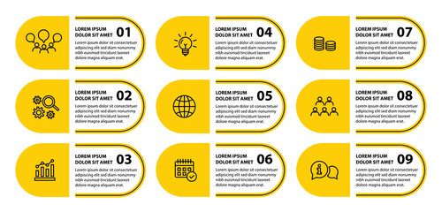 9 steps infographic template with 9 options. Flowchart that can be used for business report, data visualization and presentation. Timeline infographic elements vector illustration.