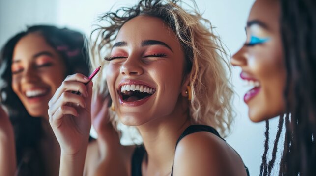 Radiant Beauty: Three women share laughter, capturing the spirit of friendship and the joy of makeup in a moment of pure, radiant beauty.