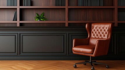 An elegant office library with dark oak bookshelves, a leather armchair, and a grand desk for a classic, luxurious feel