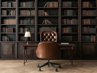 A cozy, elegant office library with deep wooden shelves, a leather chair, and a large desk for a classic, inviting workspace