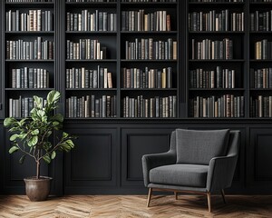 An elegant office library with floortoceiling bookshelves and a cozy reading nook, creating a refined work environment